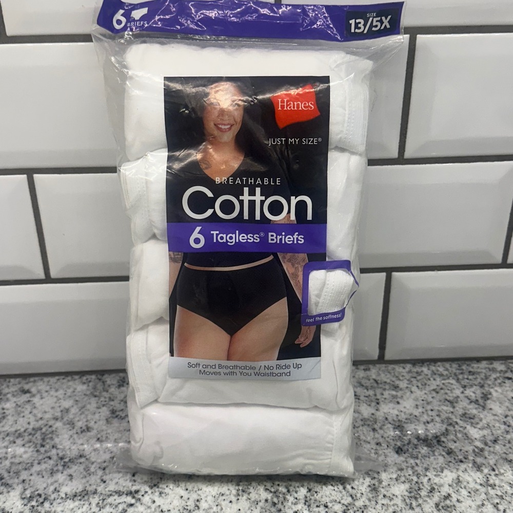 Hanes Womens 5X Briefs White 6 Pack Cotton Tagless Just My Size Breathable Basic